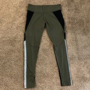 Victoria's Secret Olive Green Leggings with Black Panels and Gray Side Stripes